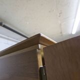 French wardrobe with tapered legs, 3 doors, 1 mirror (27*130), and 1 drawer.