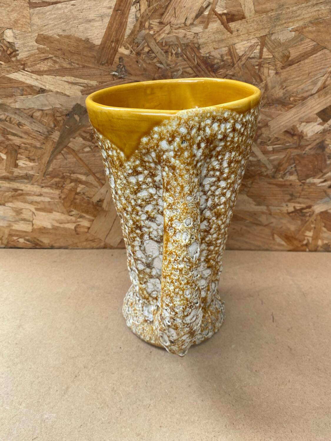 Antique vase pitcher vallauris fat lava ceramic yellow white foam #b479