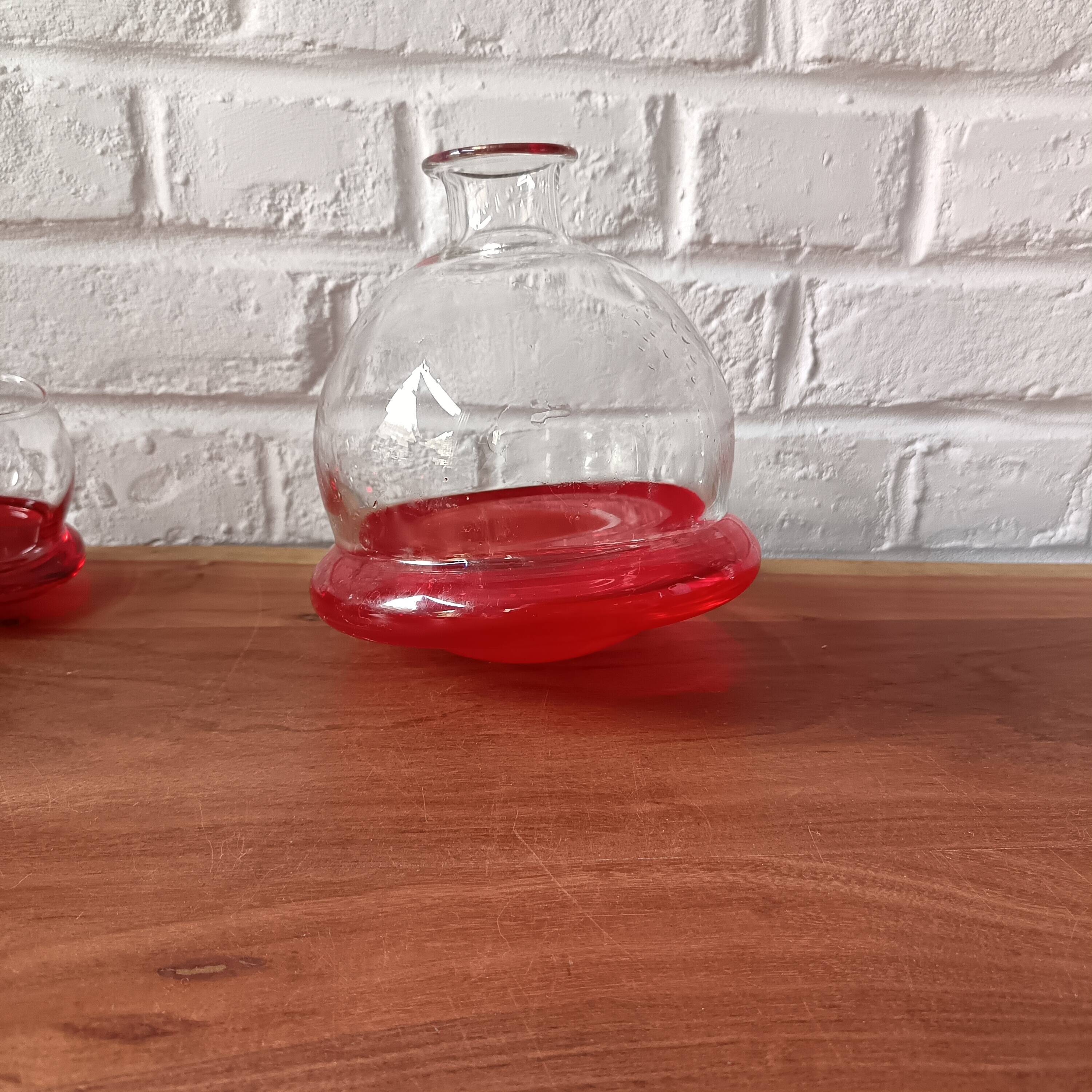 Vintage red designer glasses and carafe set, tumbler glass base