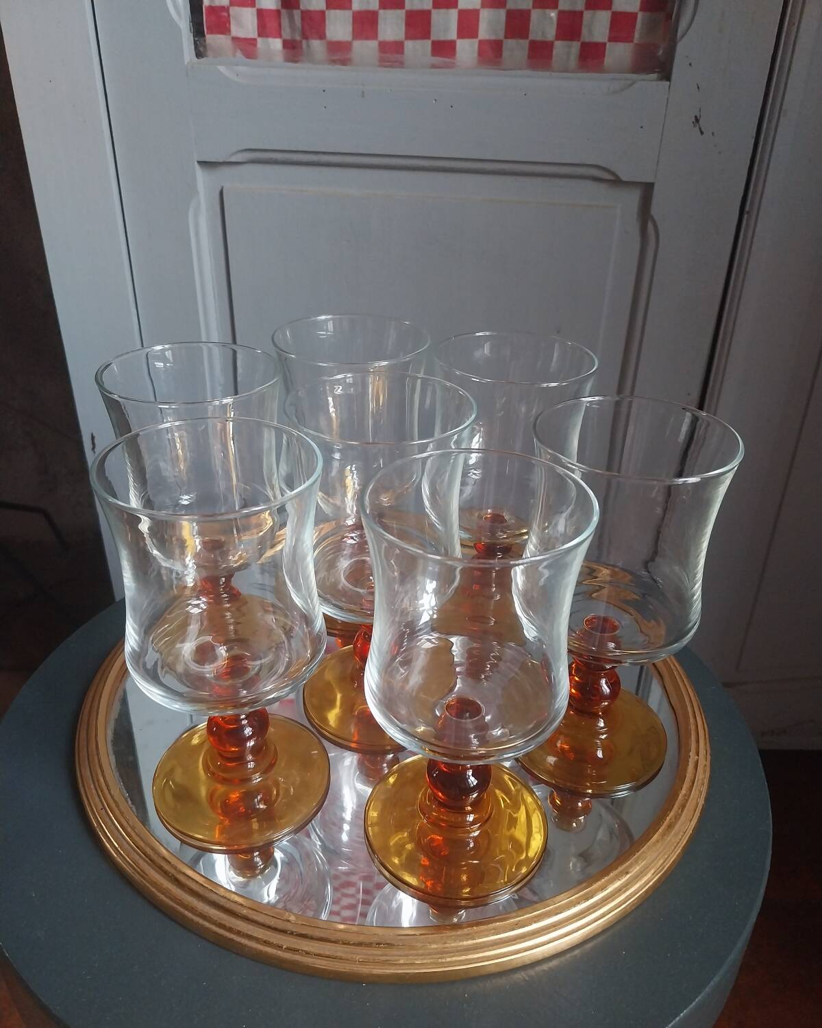 7 vintage amber stemmed glasses