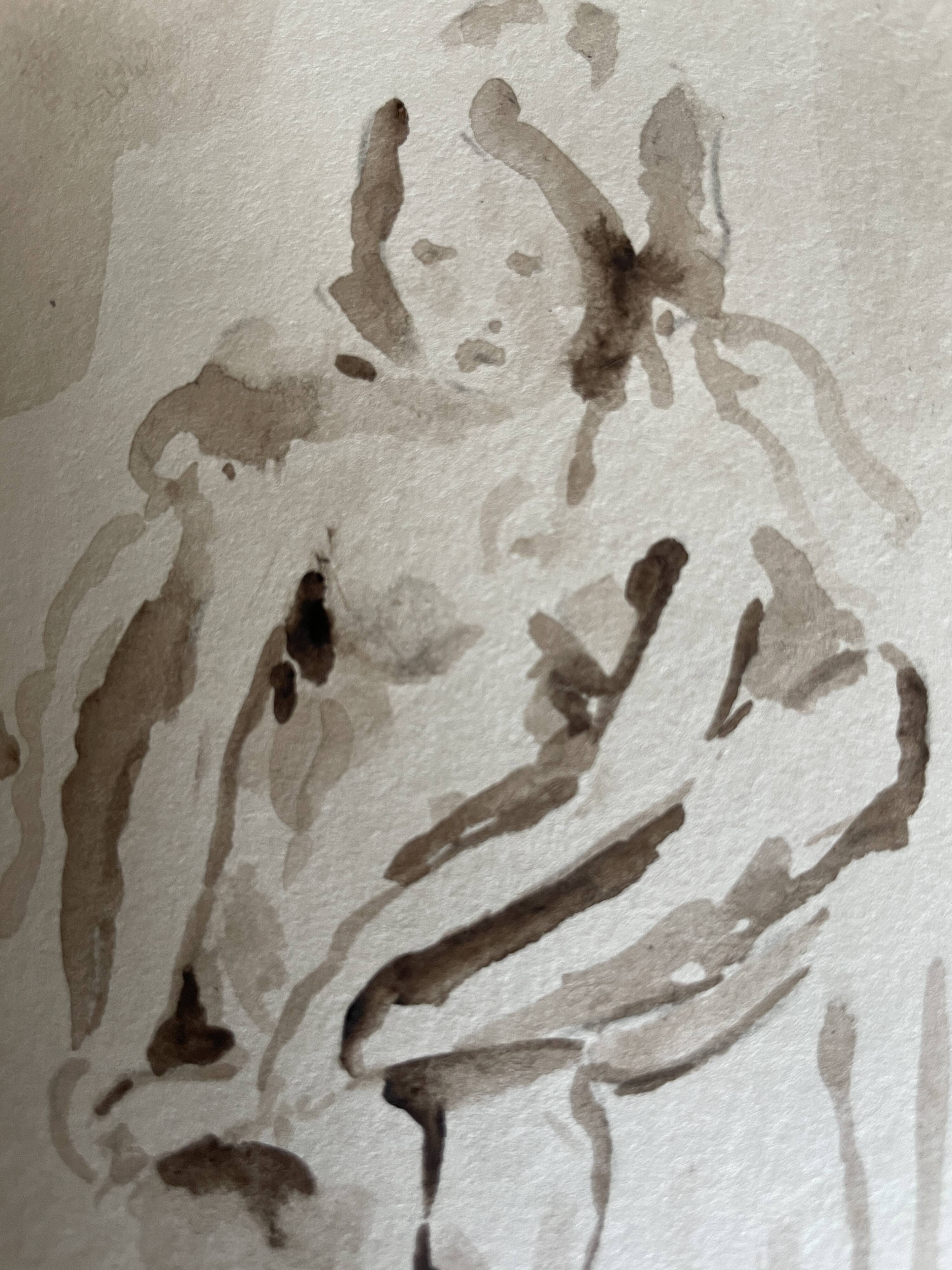 Tableau signé aquarelle portrait féminin « esquisse sortie du bain »