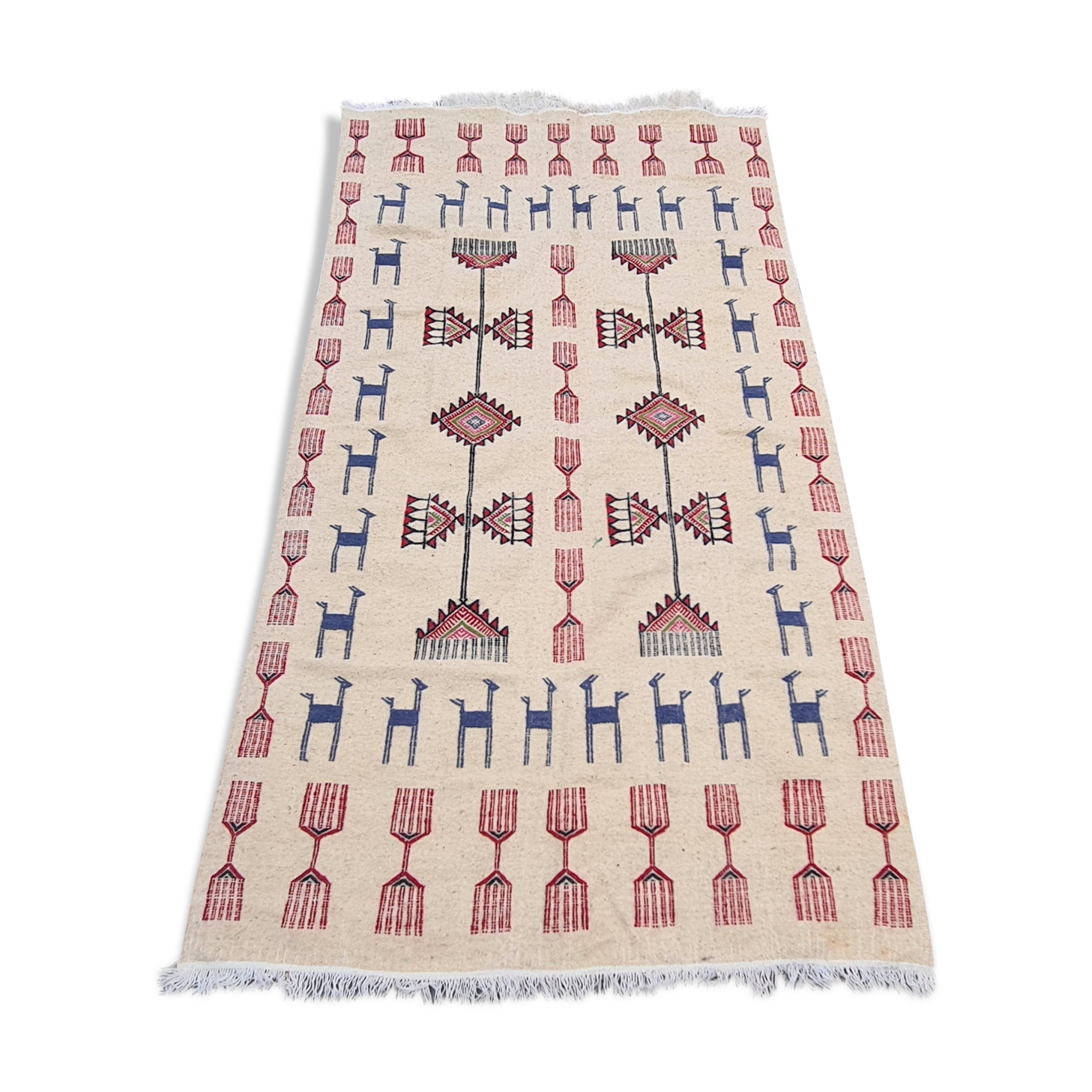 Tapis kilim beige à motifs multicolores fait main en pure laine