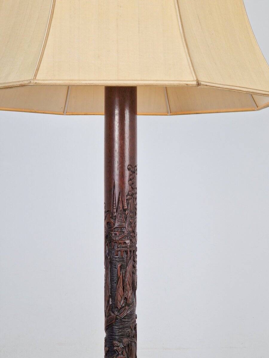 Art Deco Asian Style Carved Wood Floor Lamp, 1930s