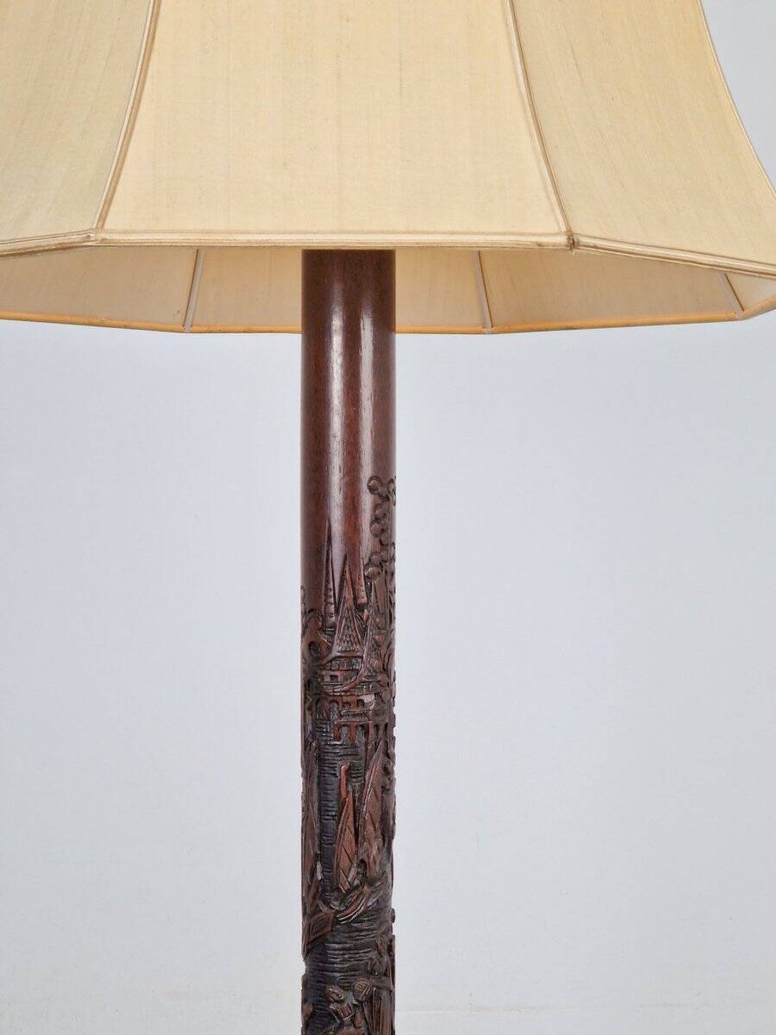 Art Deco Asian Style Carved Wood Floor Lamp, 1930s