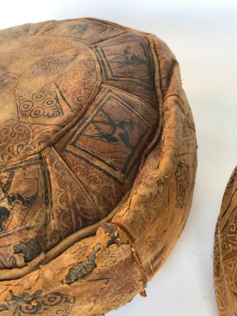 Pair of moroccan leather beanbags beautiful patina patina 1900
