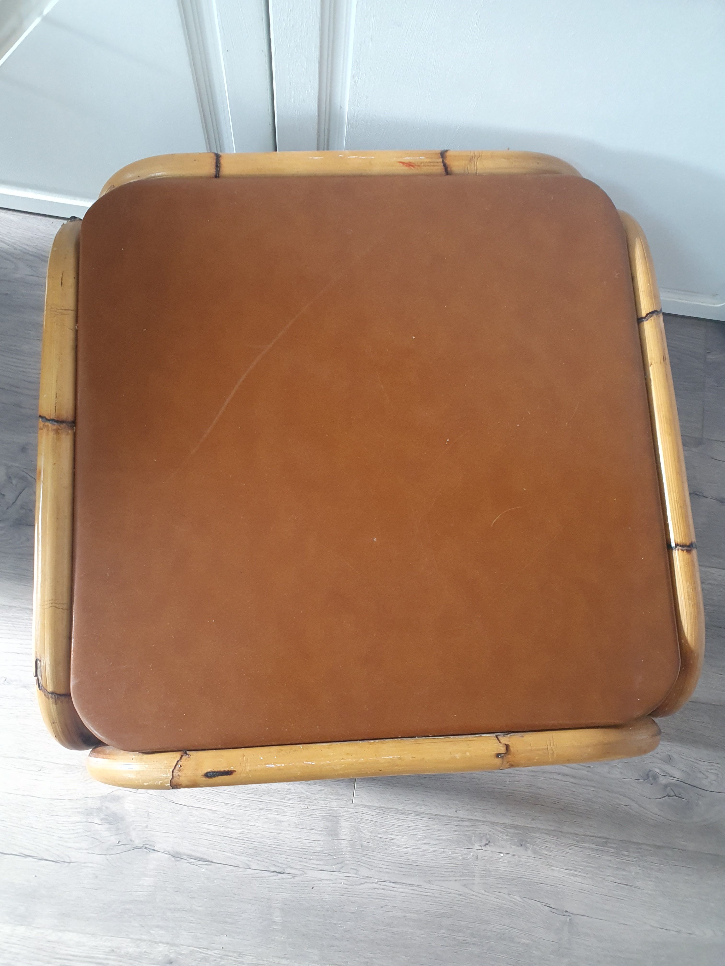 Rattan coffee table with brown leather top 63 cm side 39 cm high