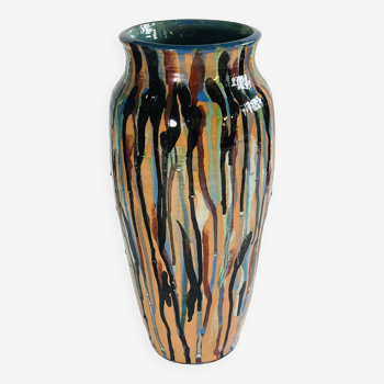 Vase multicouleurs compte gouttes, signé NB 2004, 34 cms de hauteur.