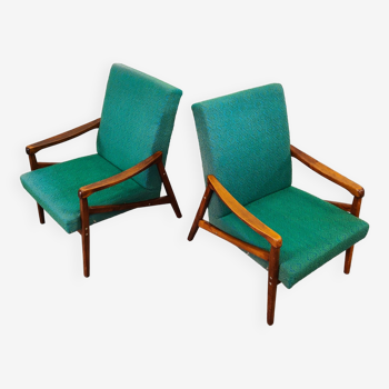 Early pair of Jiri Jiroutek armchairs for Interier Praha green stamped Ceskoslovensky Statni Film before 56