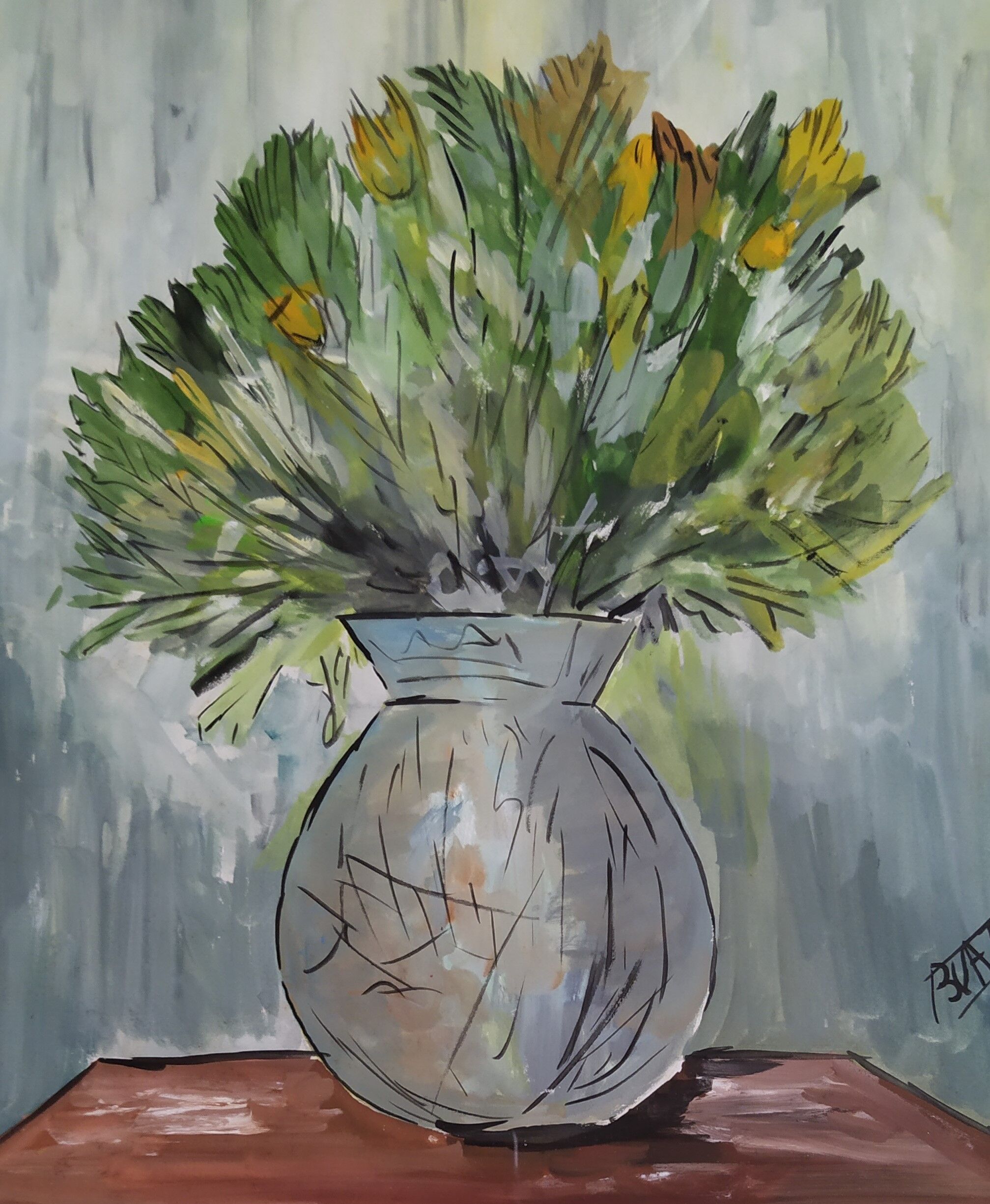 Watercolor 'Vase au Bouquet 1967' signed by BUAZAUX
