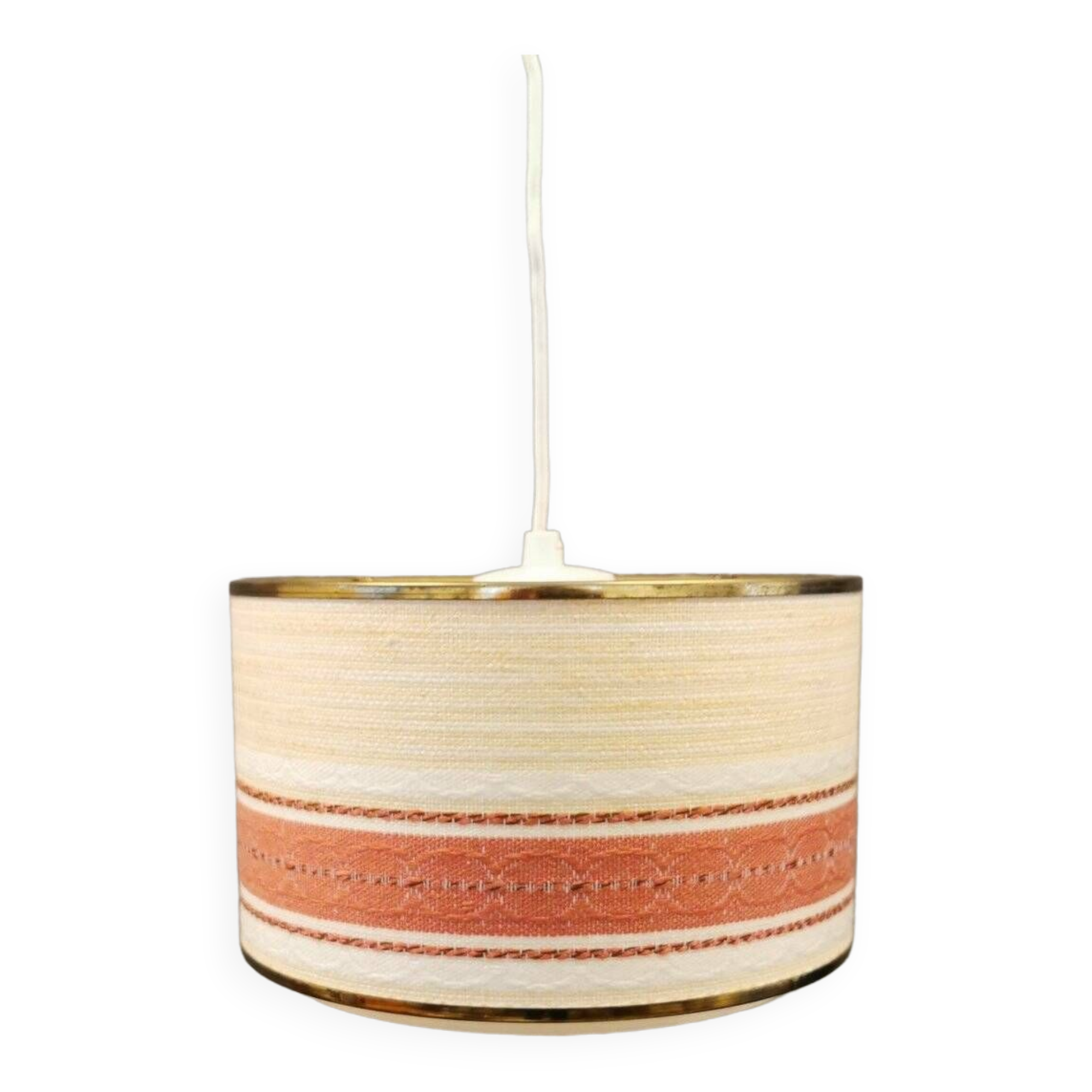 Hanging lamp with brass-coloured details, made of fabric with intact plastic bottom grille.