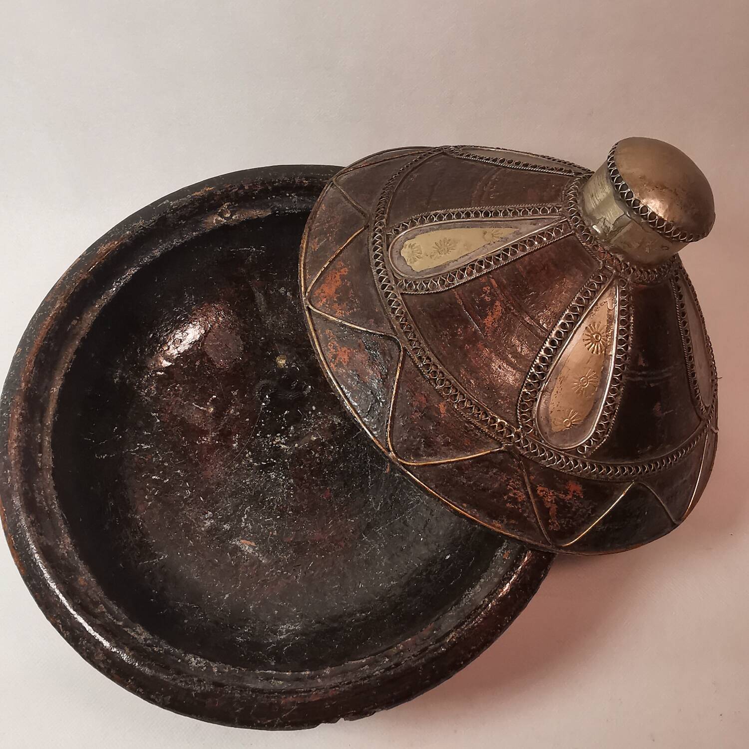 ancient tagine couscous dish hand made clay pottery silver inlays