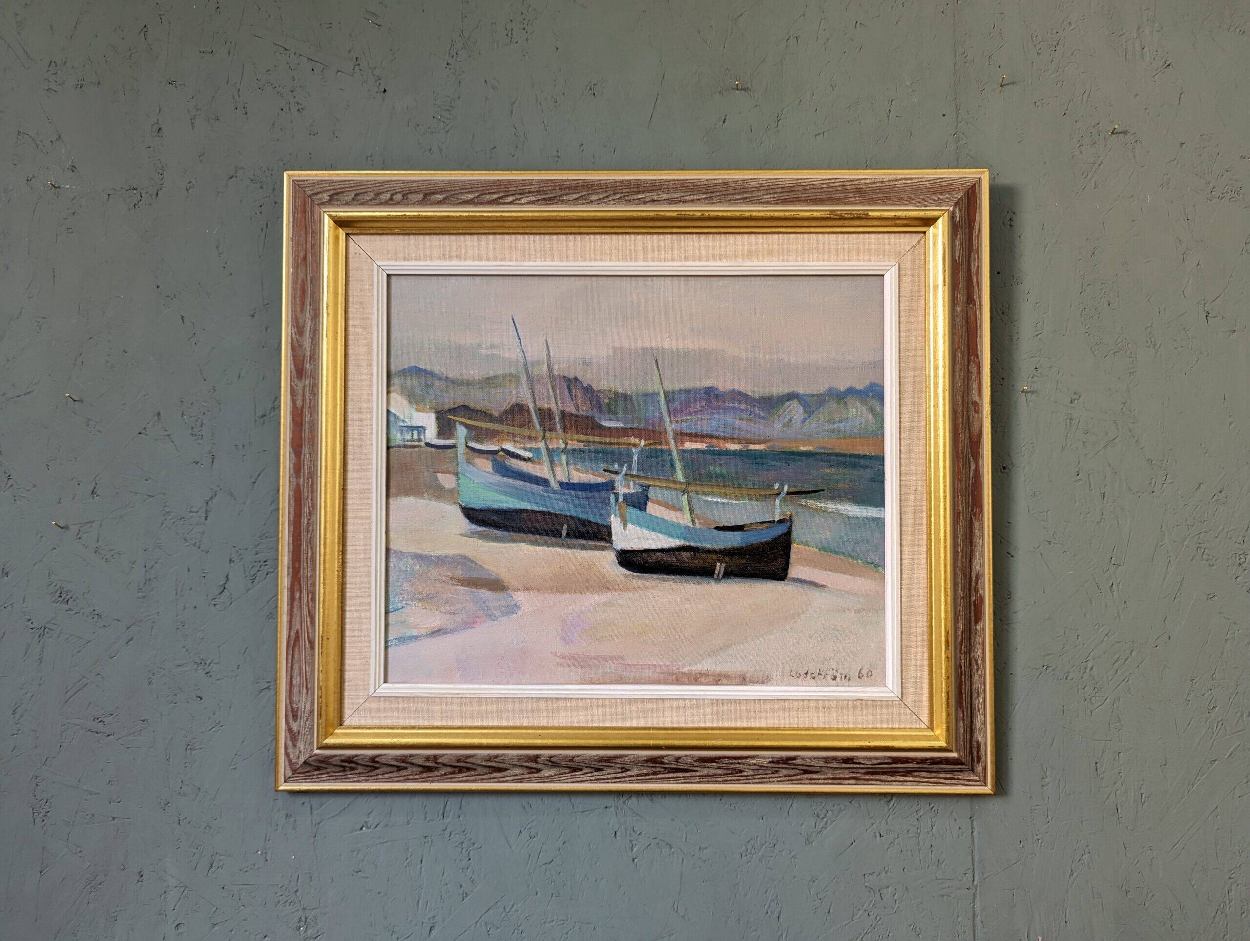 Mid-Century Modern Swedish "Calm Shore" Vintage Coastal Oil Painting, Framed