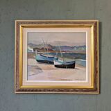 Mid-Century Modern Swedish "Calm Shore" Vintage Coastal Oil Painting, Framed