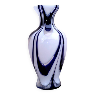 Murano glass vase, marbled navy blue, white and translucent.