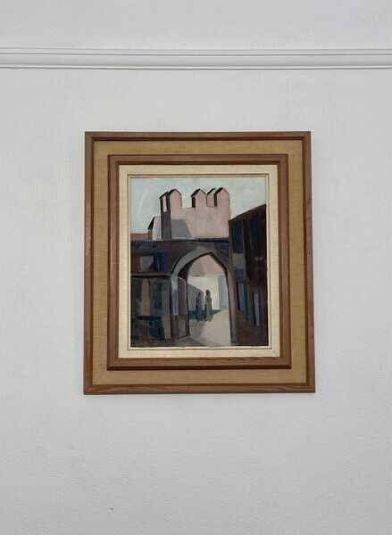Original mid-century Swedish oil on canvas – “Entrance” by Reuben Hedin – vintage & framed – 55 × 63 cm
