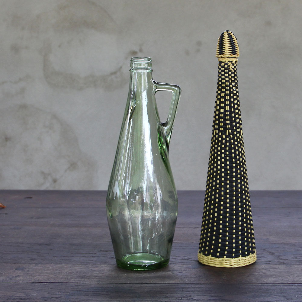 Vintage scoubidou bottle, black and yellow