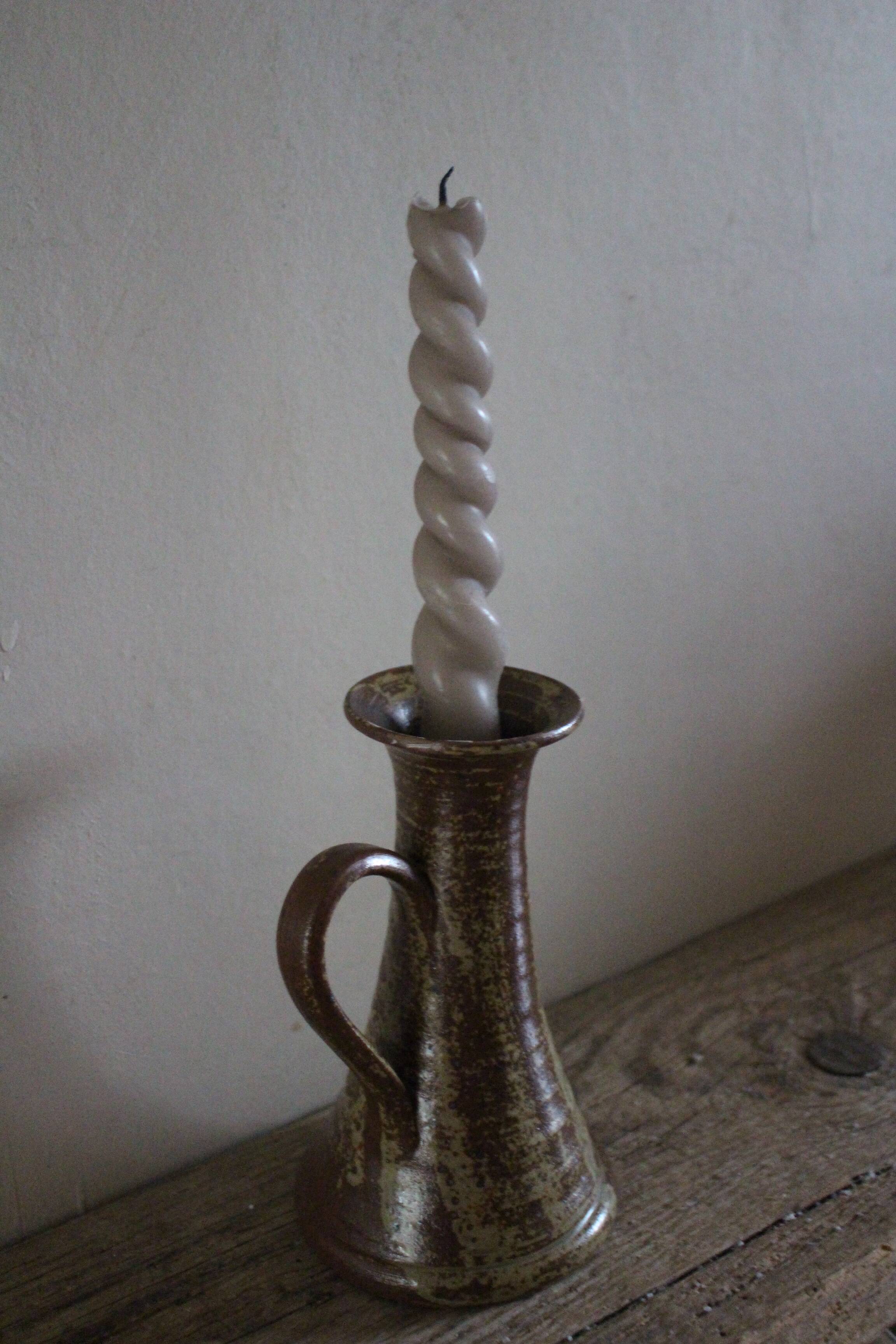 Vintage stoneware candle holder with pyrite glaze and handle