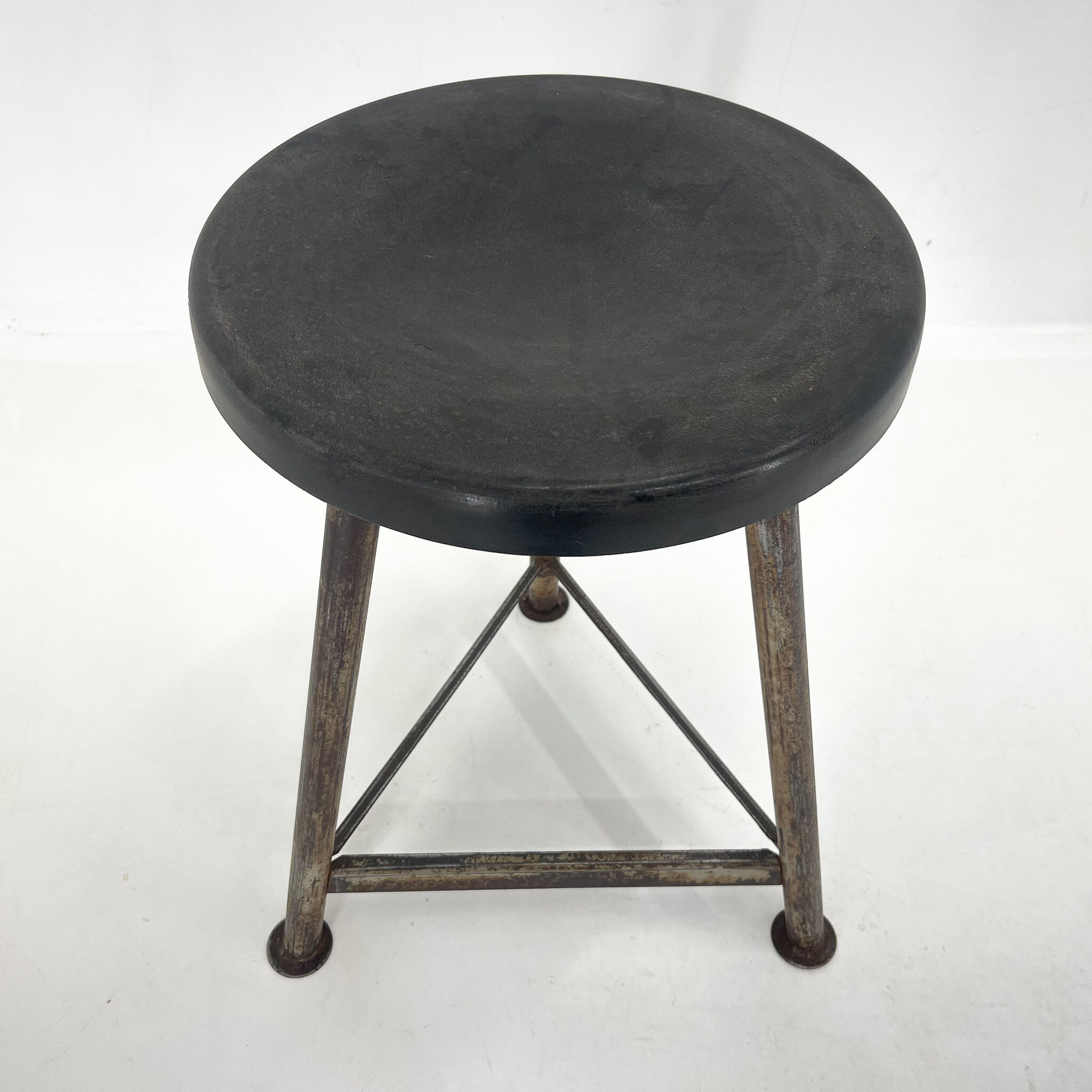 Vintage Industrial Iron Tripod Stool with Original Plastic Seat, 1950's