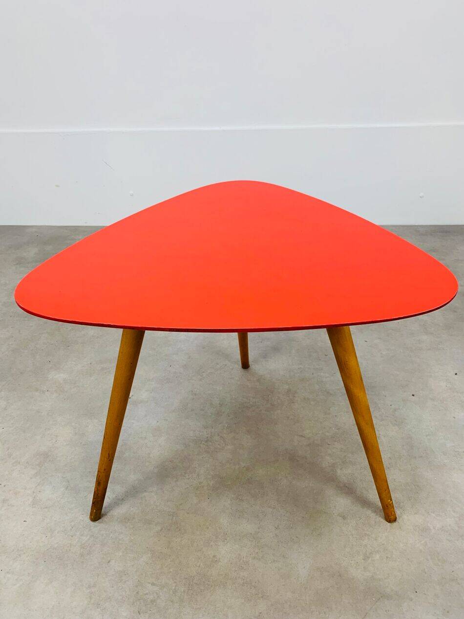 Steiner tripod side table by Baumann, wood, red top, 60s