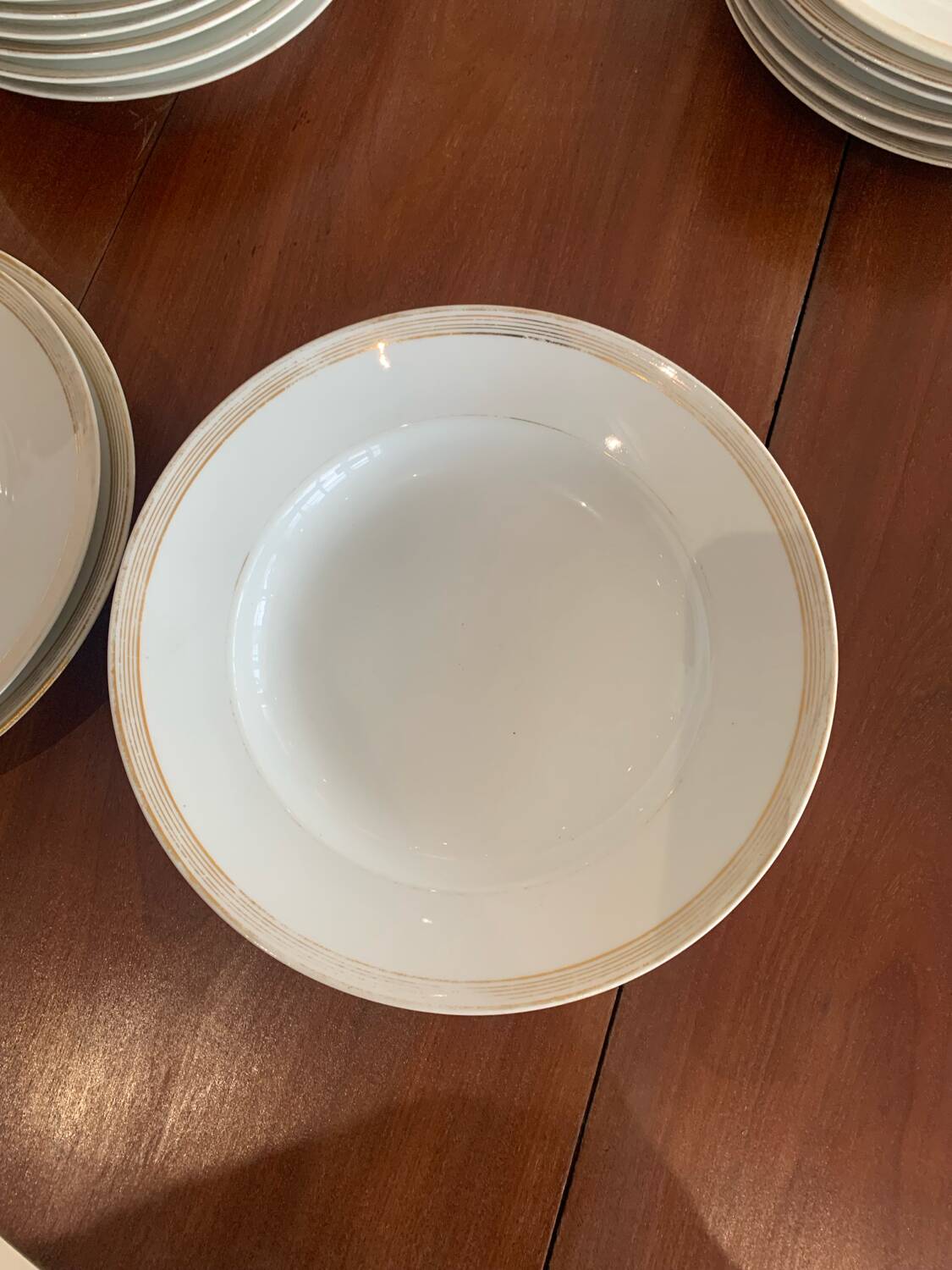 Lot of six soup plates, old, crockery, white, gilded