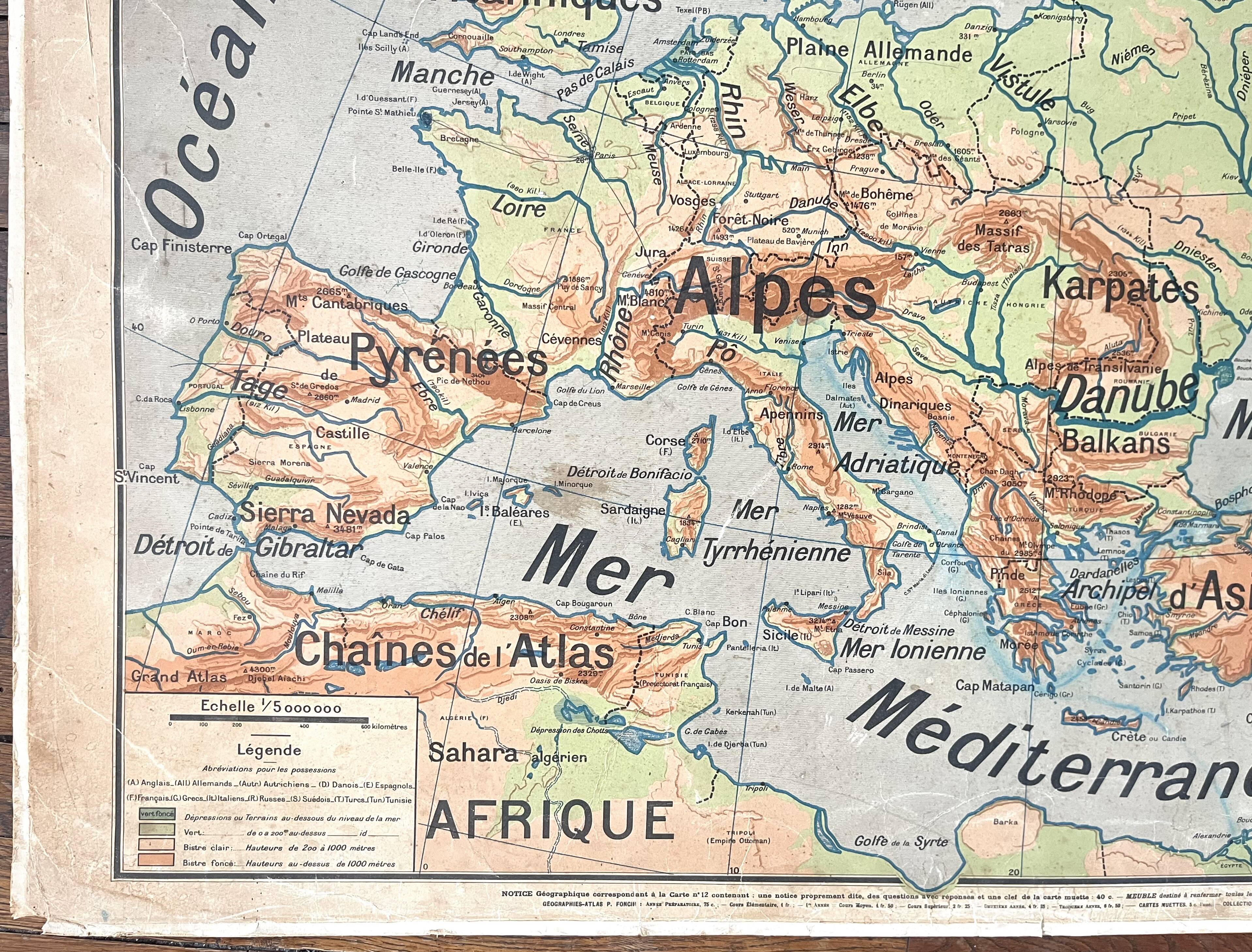 Old school map Vidal-Lablache Mézières 12, T33, 1910 Europe relief