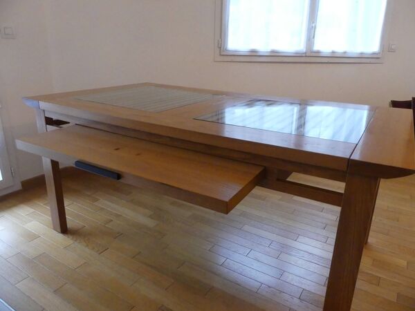 Table salle à manger bois et verre avec deux rallonges