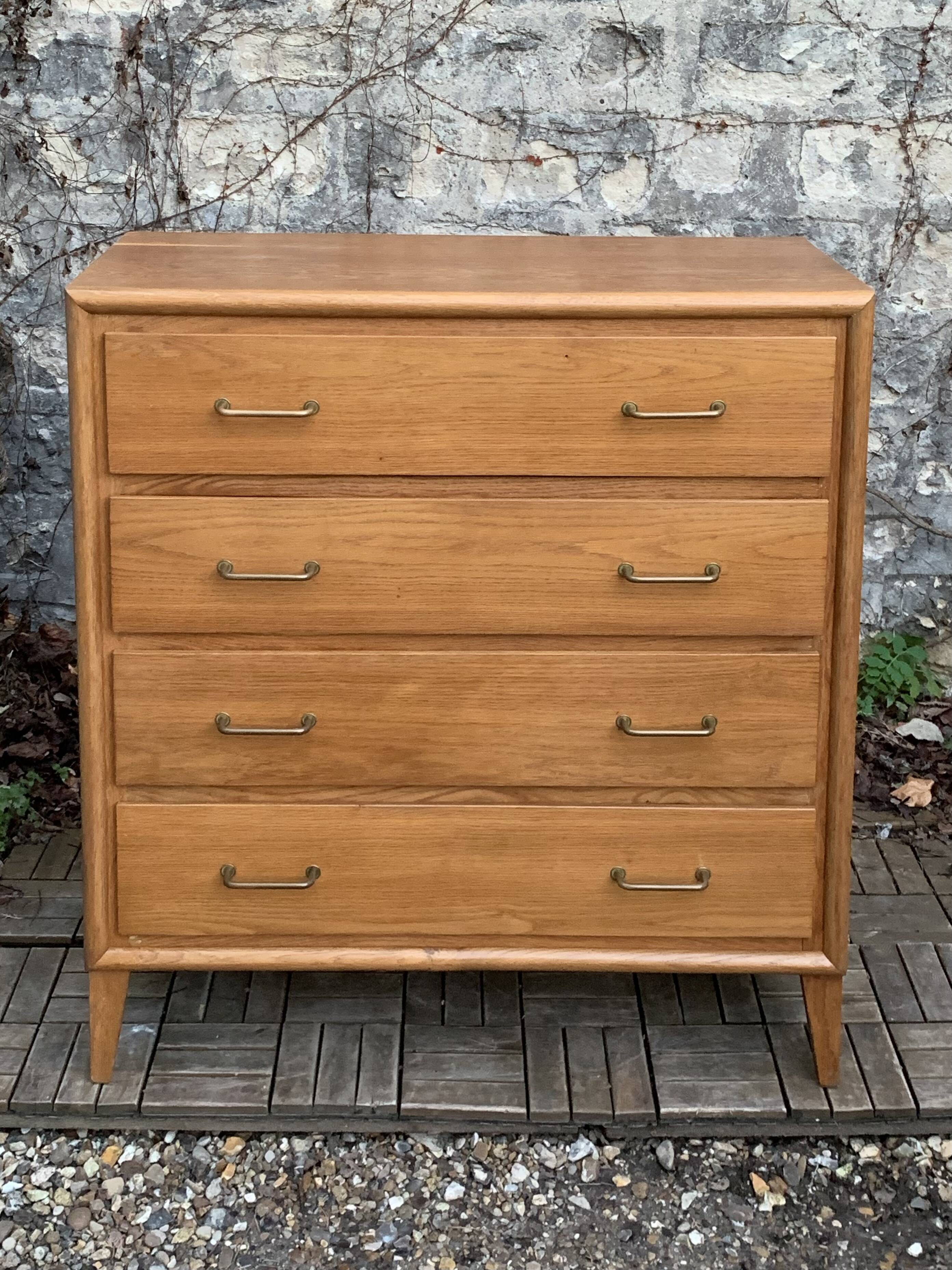 Vintage chest of drawers with compass feet, oak, original patina, 1950s