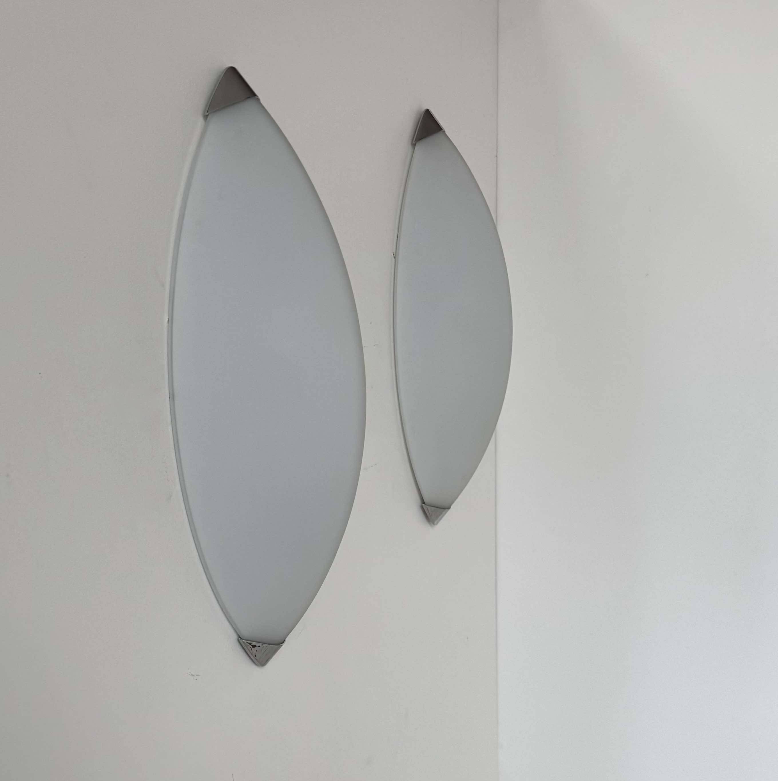 Pair of vintage wall lights, chrome and sandblasted glass, Italy 1980.