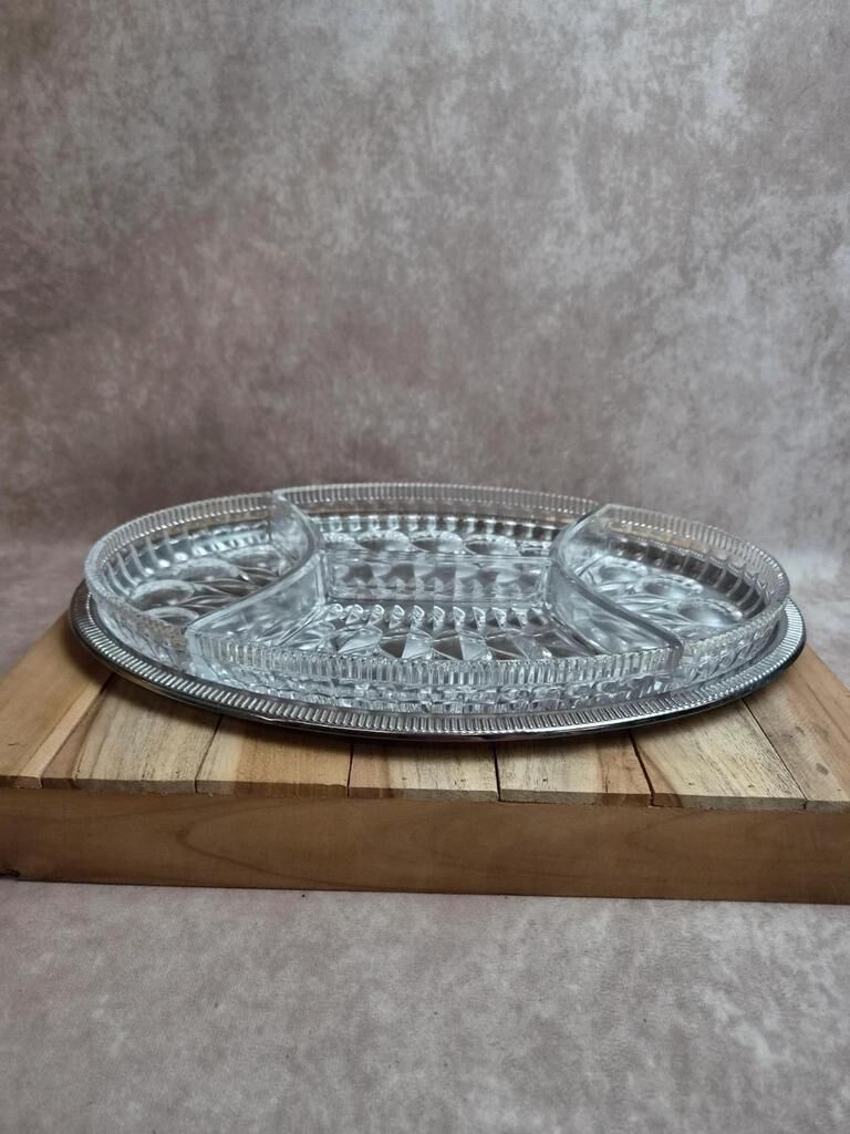 Vintage silver-plated metal tray with a segmented glass aperitif dish.