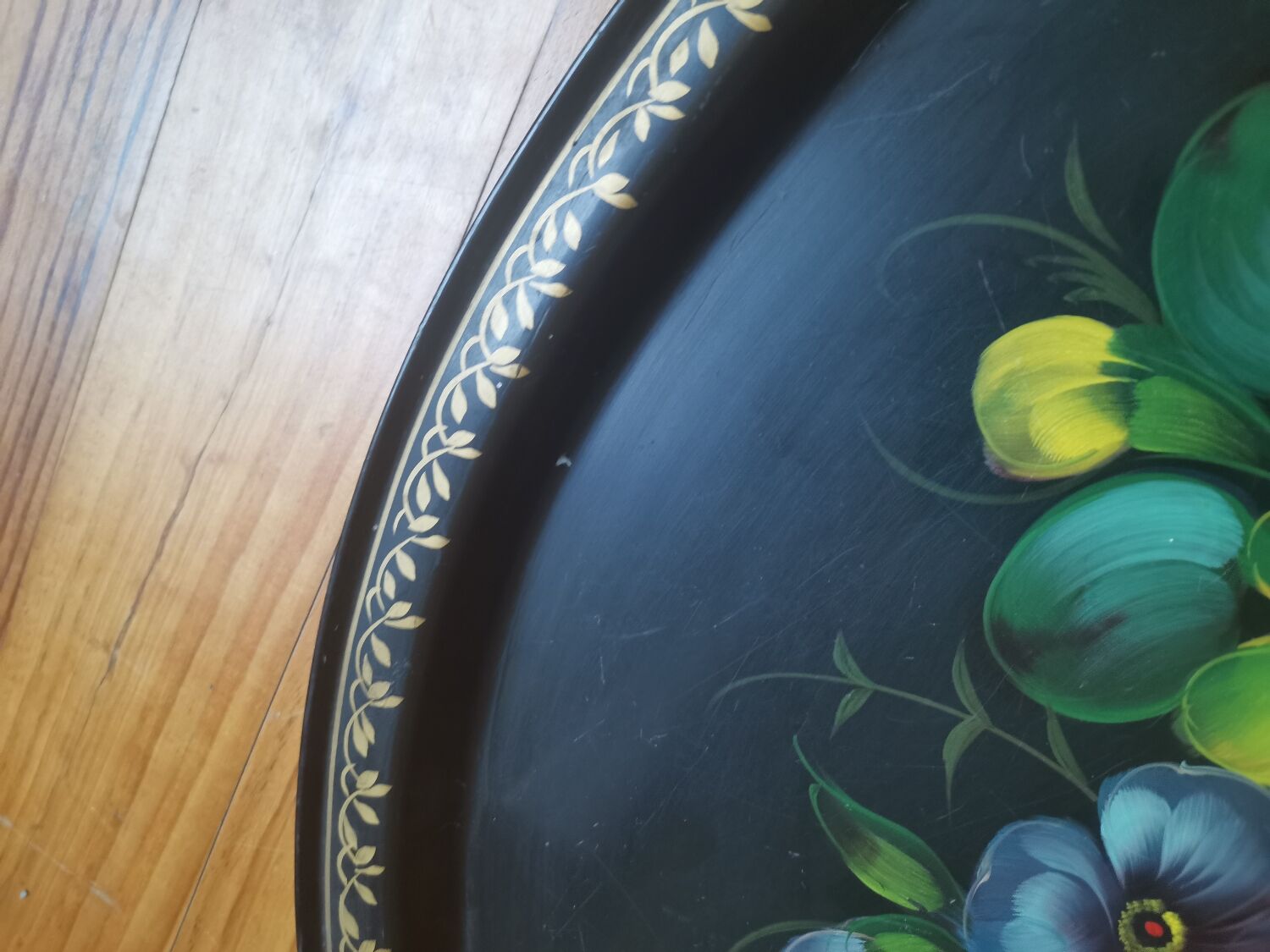 Large oval tray vintage metal hand-painted metal pattern flowers made in ussr numbered