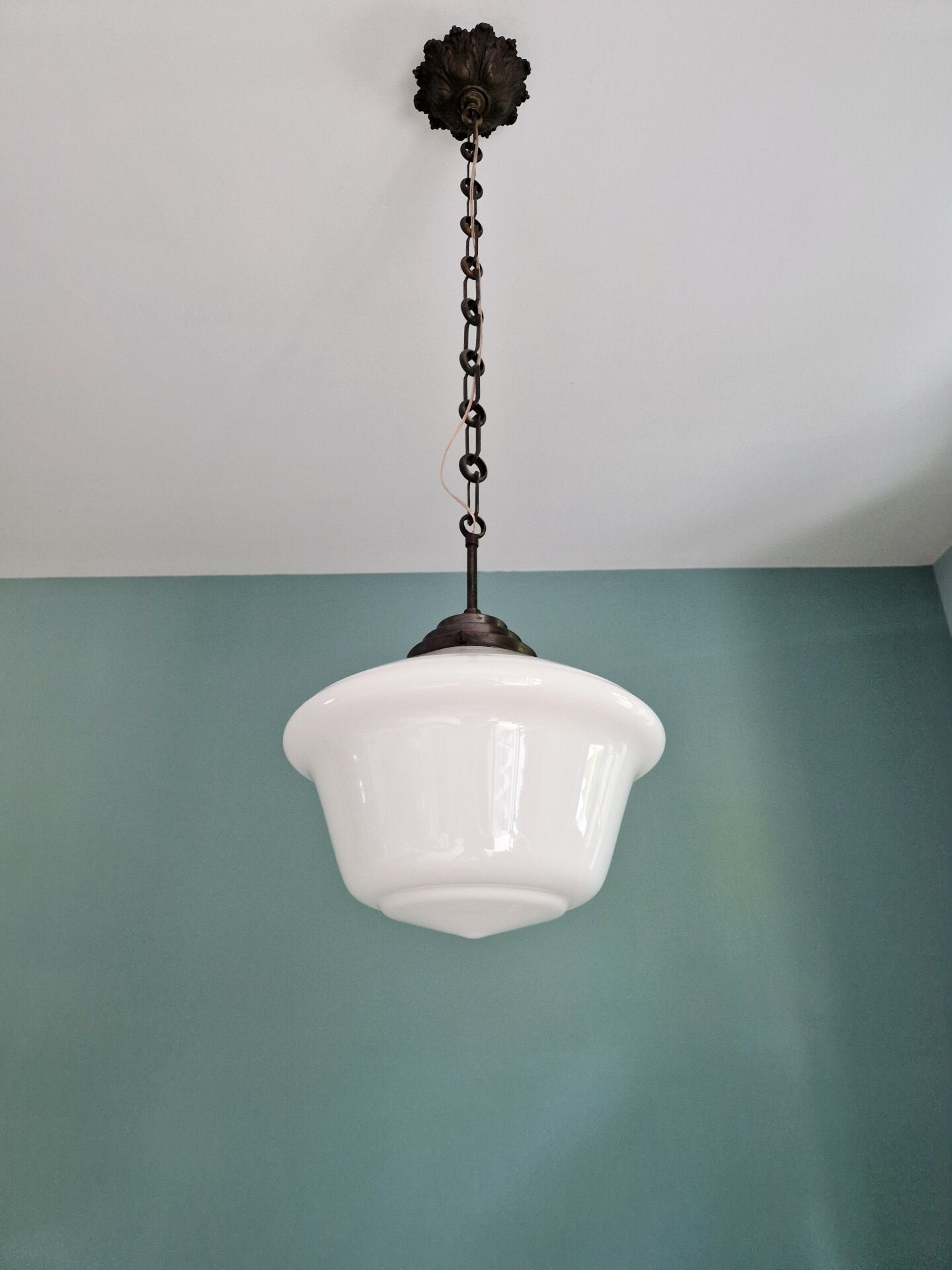 Large Art Deco pendant light in white opaline, 1930.