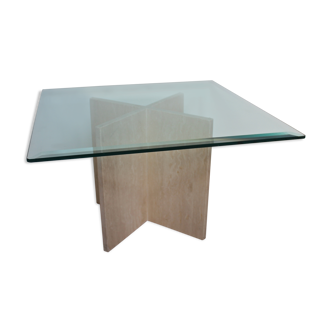 Table basse vintage 70's en travertin et verre biseauté