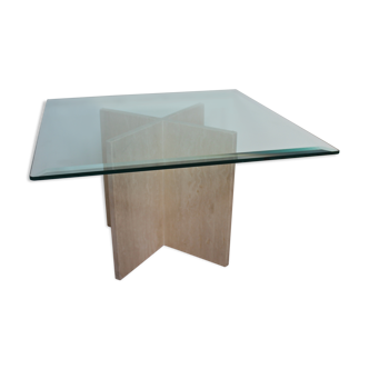 Table low vintage 70's travertine and beveled glass