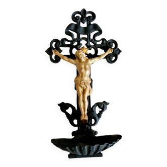 Black and gold cast iron crucifix holy water font