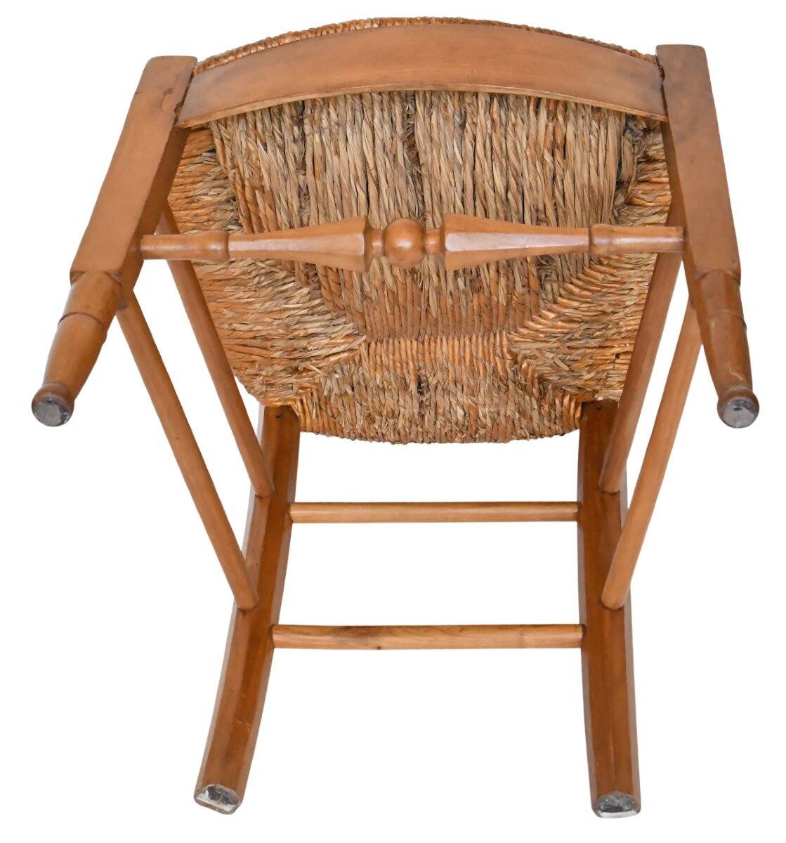 Pair of chairs with slatted backs and painted bands depicting animated landscapes.