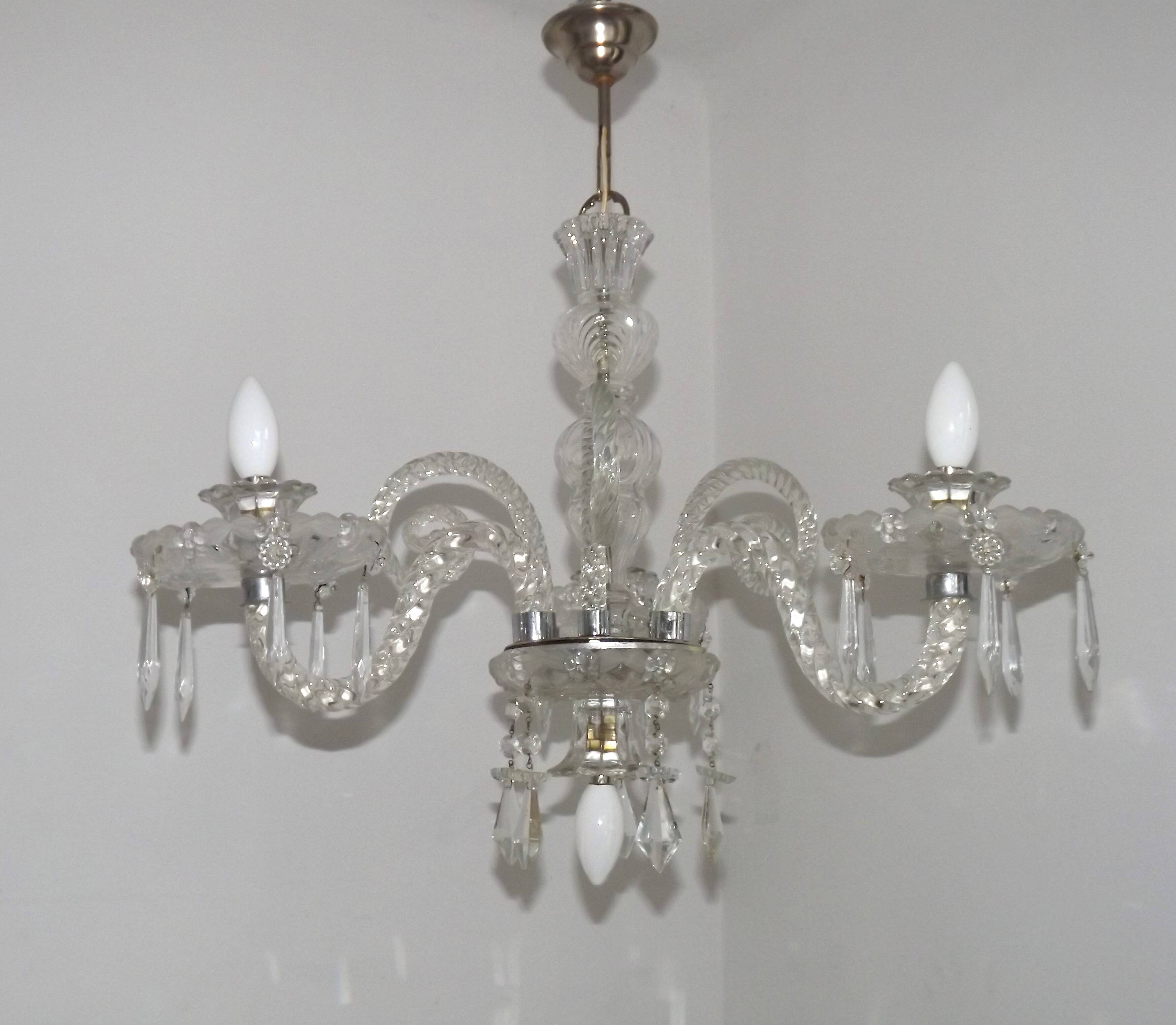 French antique glass and crystal barley twist three-armed four-light chandelier 5135
