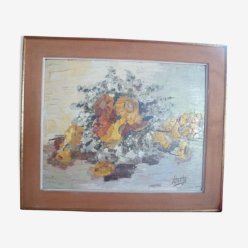 TABLE HS ISOREL ds its frame "bouquet of flowers" painted with a knife signed ATOEF?