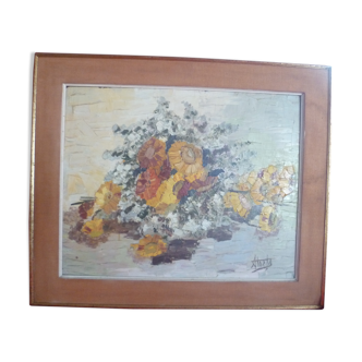 TABLE HS ISOREL ds its frame "bouquet of flowers" painted with a knife signed ATOEF?