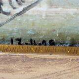 Peinture ancienne signée et datée, paysage animé, peinture à l’huile sur panneau de bois