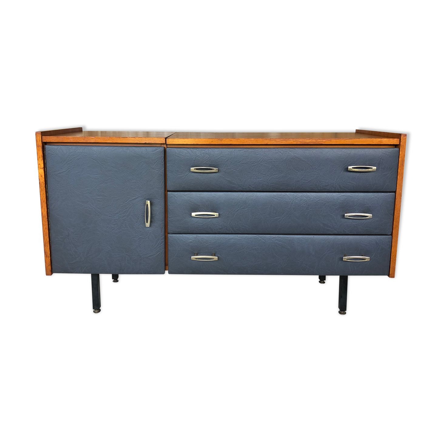Vintage modular chest of drawers in teak and grey skaï, circa 60's