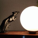 Art deco lamp, marble, globe, opaline and greyhounds in regulation, 1930