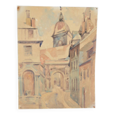 Ecole française XXème siècle "le vieux village et son église" aquarelle, circa 1935