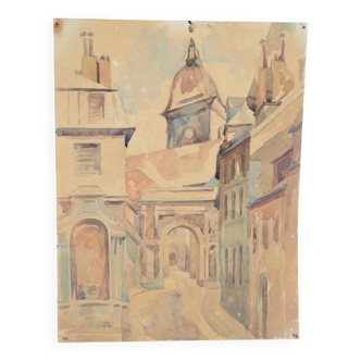 French school 20th century "the old village and its church" watercolor, circa 1935