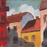 Original mid-century Swedish oil on panel – “House Facades” by A. Wistrand – dated 1946 – vintage & framed – 42 × 39 cm