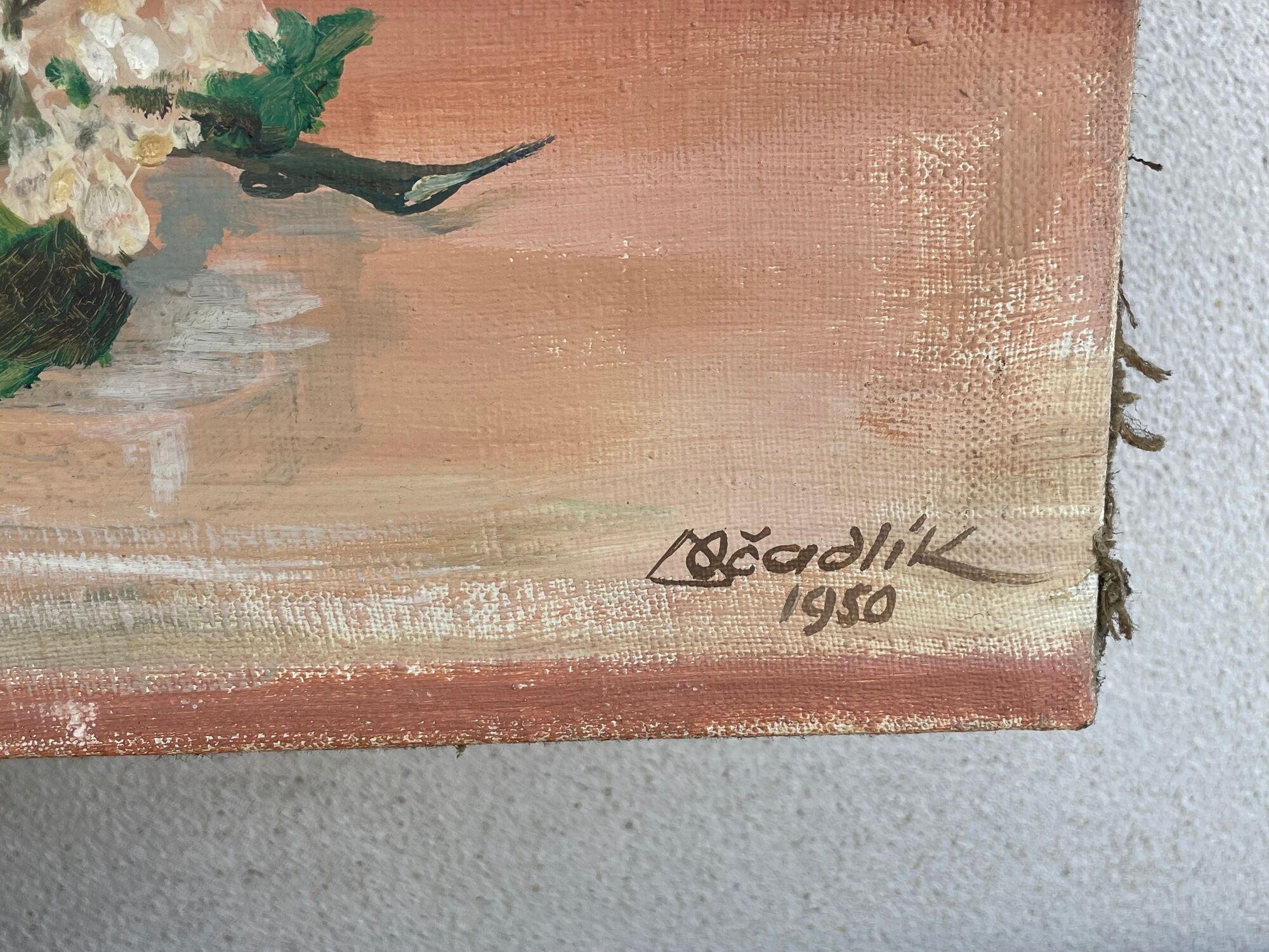 Painting without frame Oil on canvas Signed Ocadlik, Bouquet of lilacs