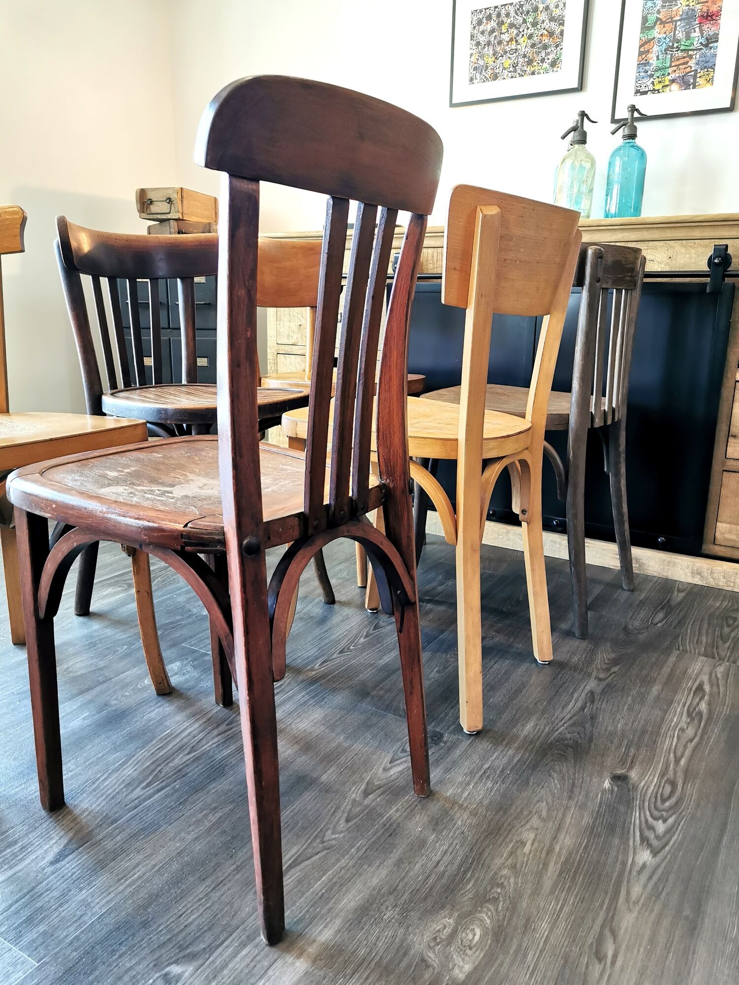 Baumann Stella and Luterma series of 6 mismatched bistro chairs