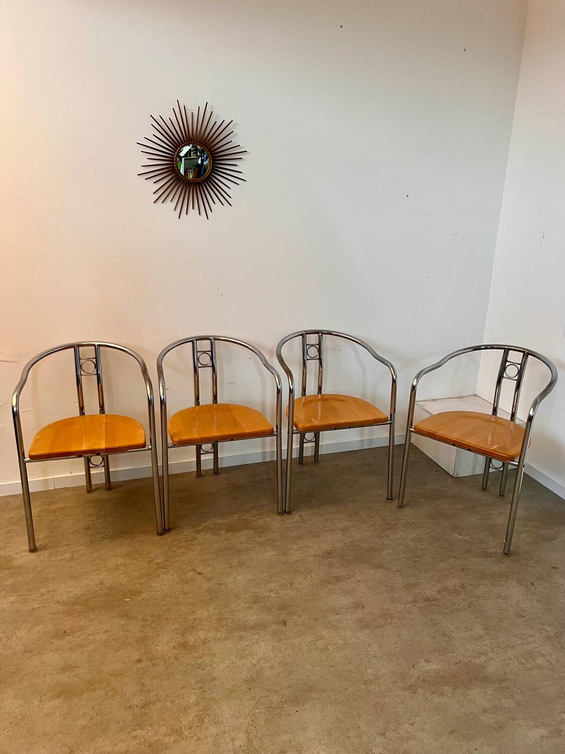 4 old metal chairs with wooden seats, Italian design, postmodern 80s