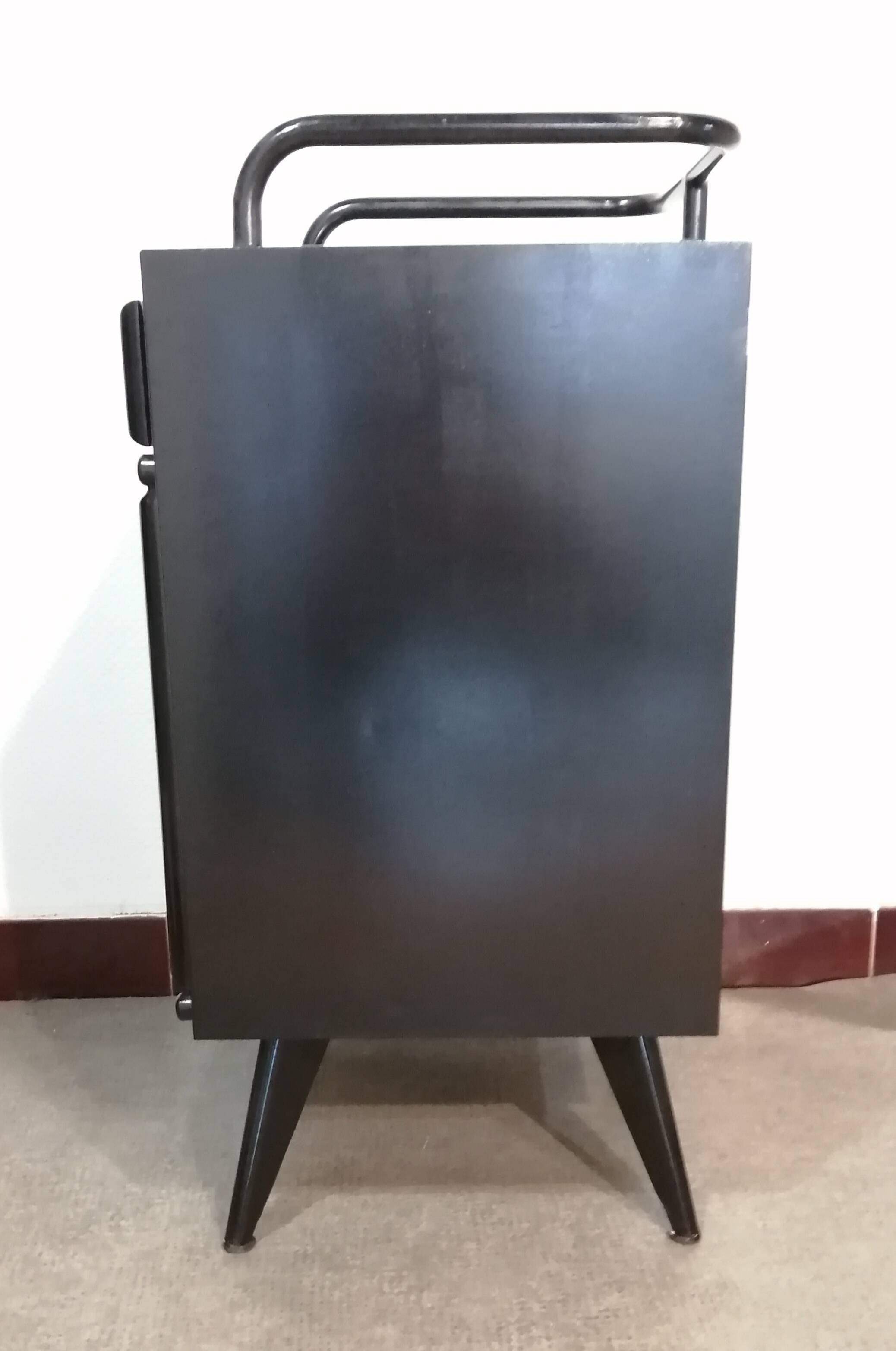 Black hospital/internment bedside table, all metal, compass legs, 1940s industrial.