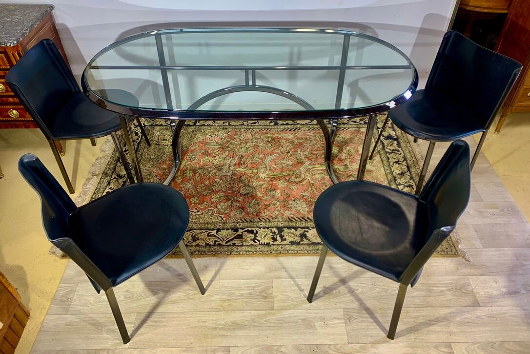 Glass and chrome steel table, design italy 1960