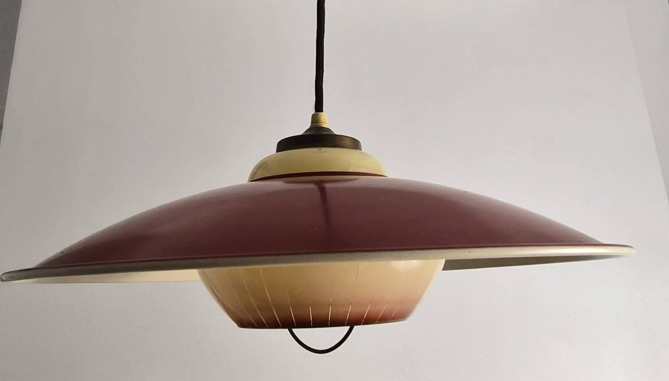Extensible metal and opaline pendant light, Denmark, 1960.